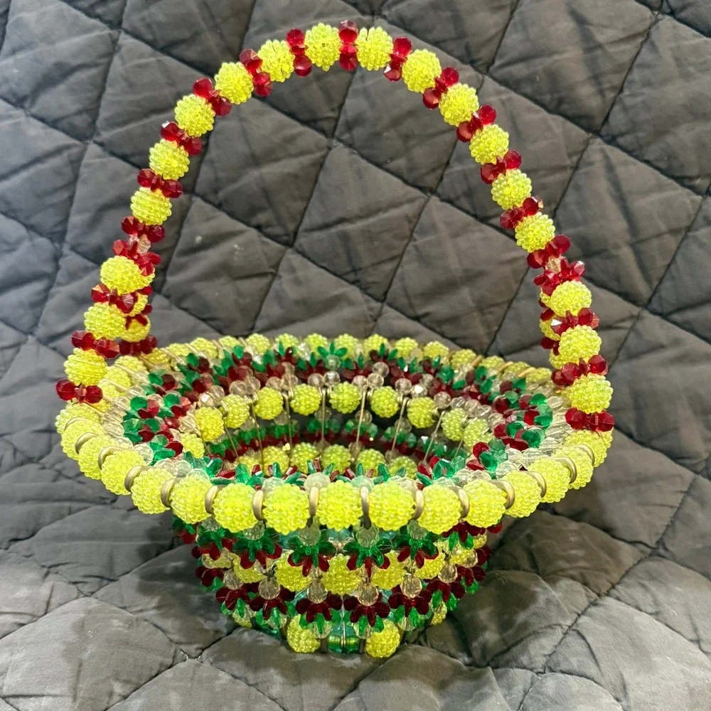 Vintage Beaded Basket Decor Fruit‎ Color Plastic Bead Bowl Display
